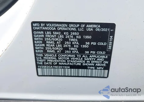 2022 Volkswagen Atlas Cross Sport 3.6L V6 Sel R-Line из США, поврежденный, VIN 1V2SE2CA1NC201324